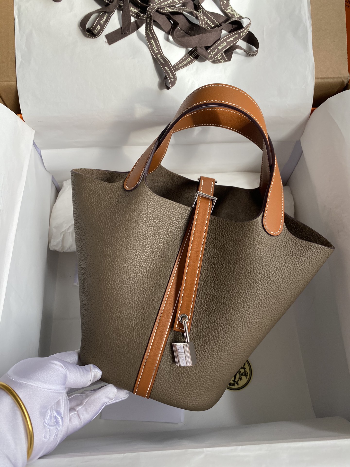 Hermes Picotin Lock 18 Bag In Grey/Brown Clemence Leather